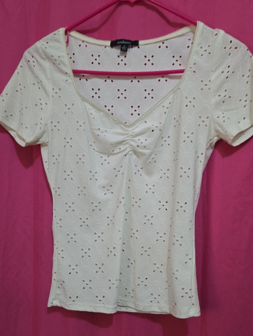 Ambiance Cream Eyelet Scoop Neck Short Sleeve Top